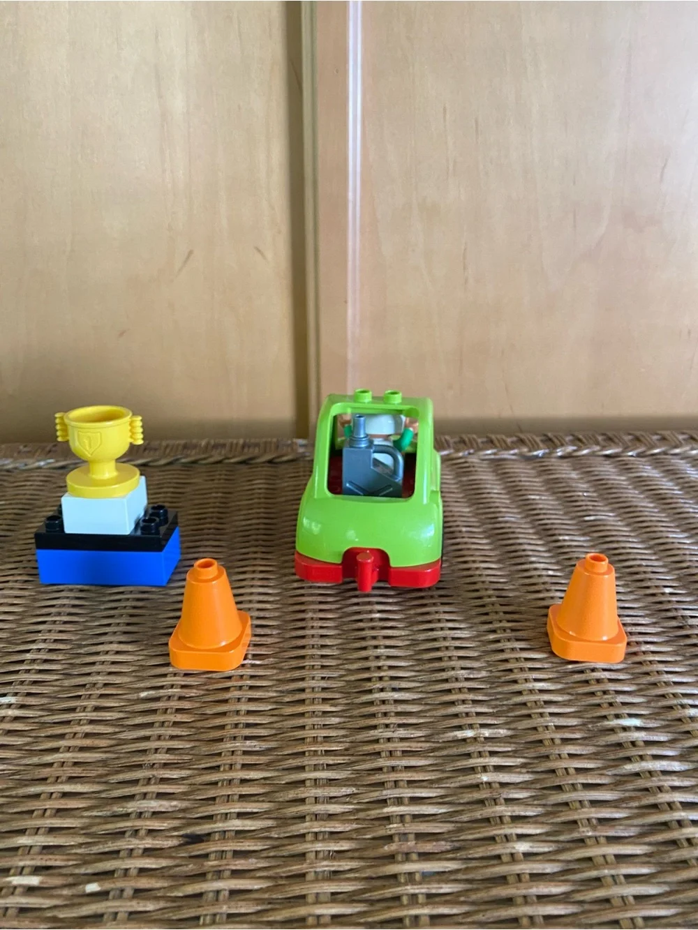 LEGO Duplo Green Octan Race Car #5 Driver Trophy Traffic Cones Gas Can Lot